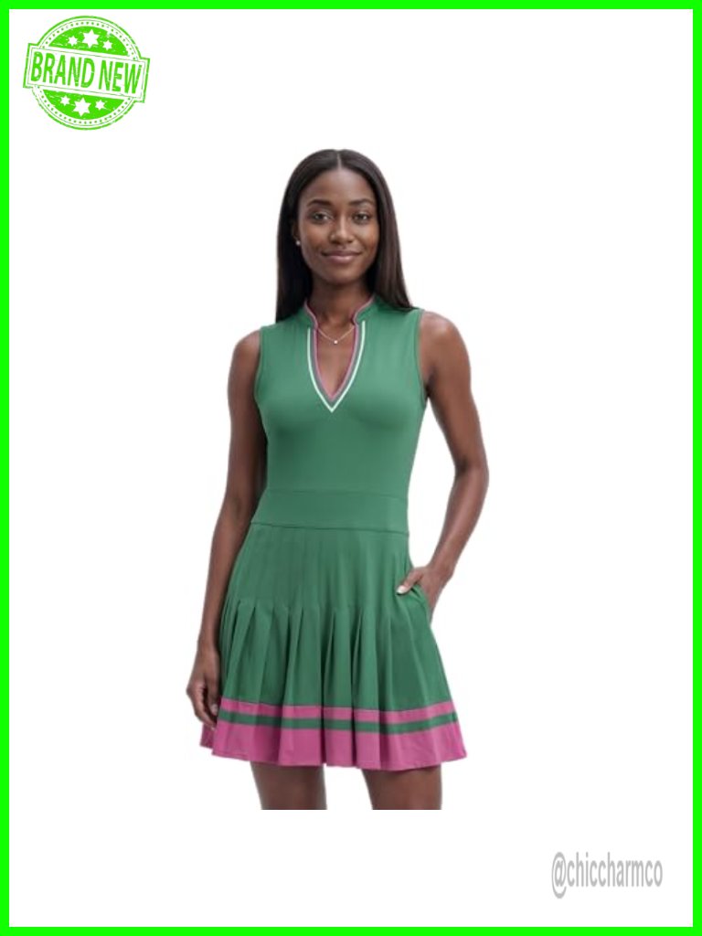 V-Neck Pleated Sleeveless Tennis Dress With Pockets